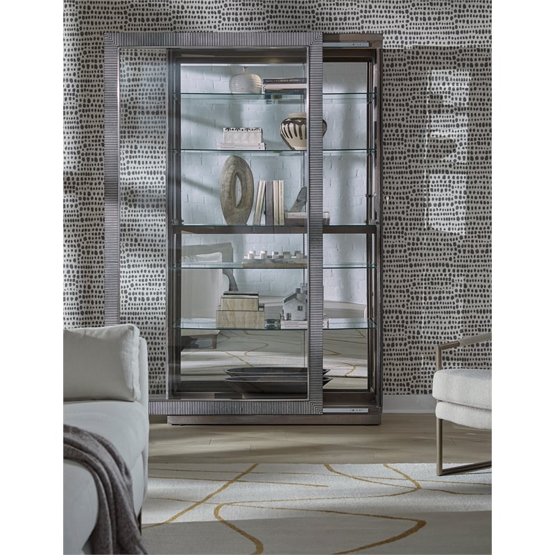 Pemberly Row Sliding Door Glass Curio Cabinet in Medium Brown