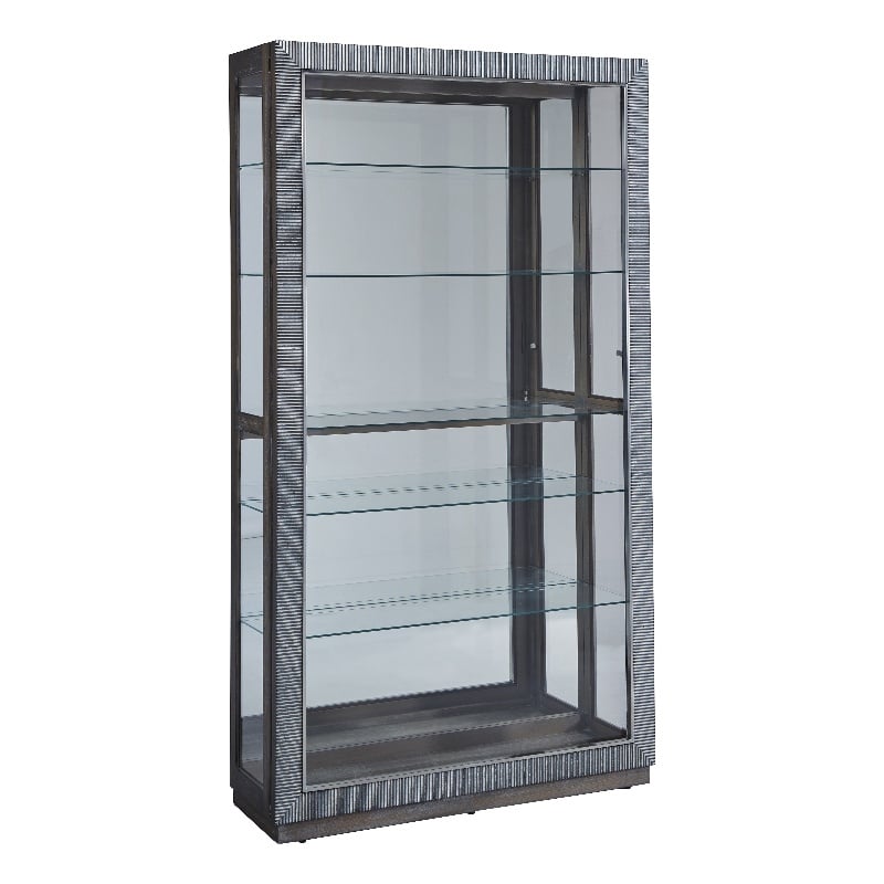Pemberly Row Sliding Door Glass Curio Cabinet in Medium Brown