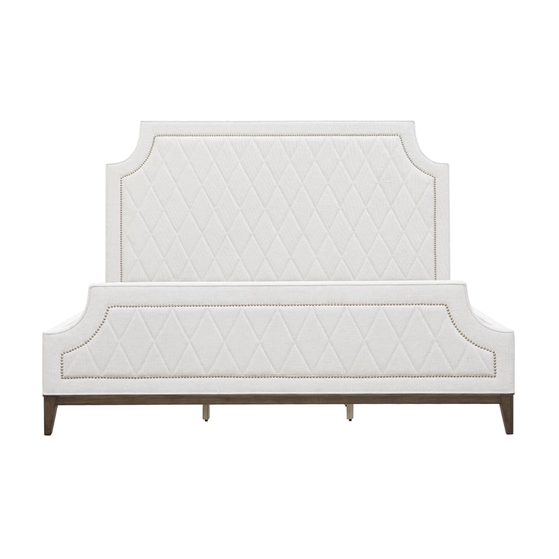 Pemberly Row Queen Upholstered Bed in White Fabric with Wood Base
