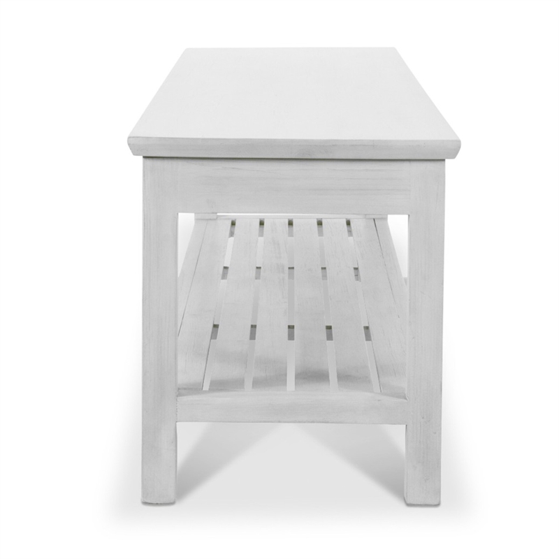 Pemberly Row Traditional Wood Dining Bench with Lower Shelf in White Finish