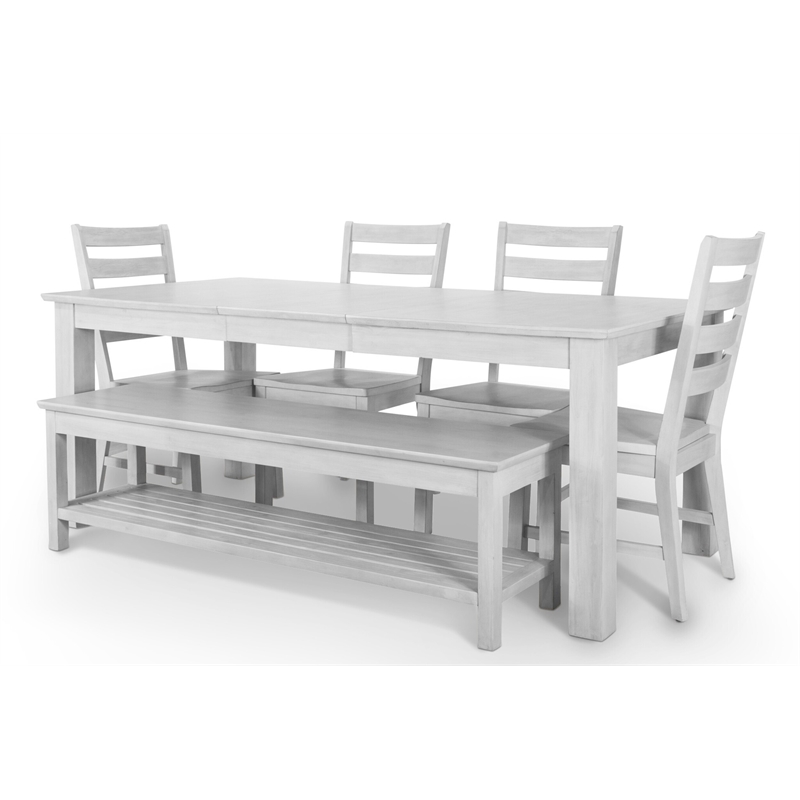 Pemberly Row Traditional Wood Dining Bench with Lower Shelf in White Finish
