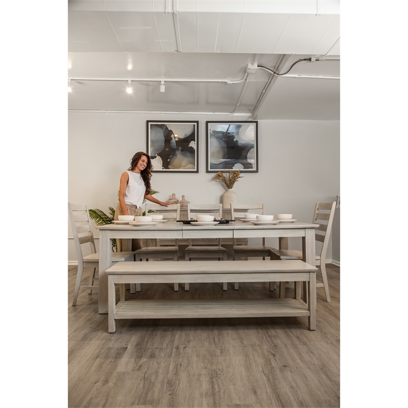 Pemberly Row Traditional Wood Dining Bench with Lower Shelf in White Finish