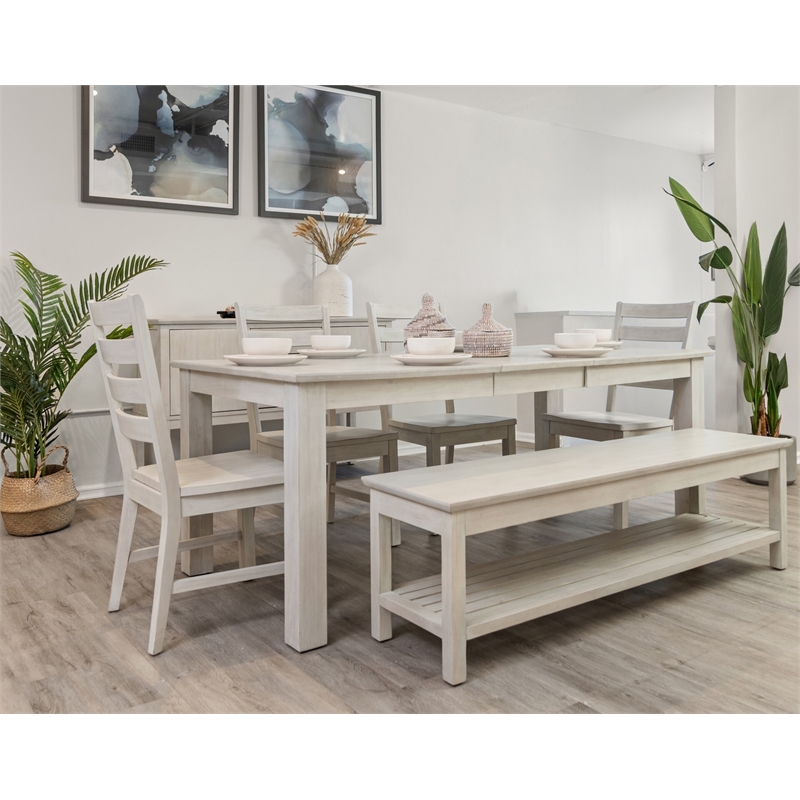 Pemberly Row Traditional Wood Dining Bench with Lower Shelf in White Finish