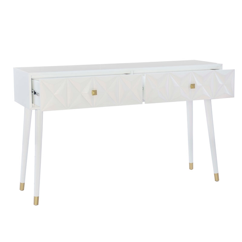 Pemberly Row Geo Texture Console Table with Gold Hardware in Glossy White