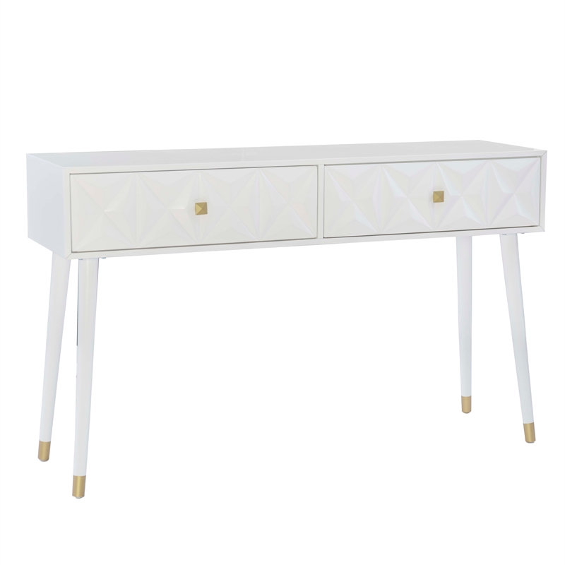 Pemberly Row Geo Texture Console Table with Gold Hardware in Glossy White