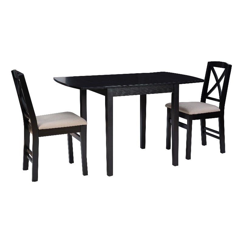 Pemberly Row 3-Piece Drop-Leaf Dining Set in Black Wood with Upholstered Chairs