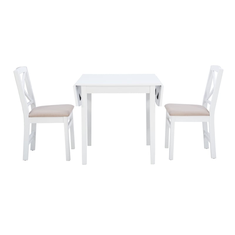 Pemberly Row 3-Piece Drop-Leaf Dining Set in White Wood with Upholstered Chairs