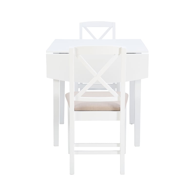 Pemberly Row 3-Piece Drop-Leaf Dining Set in White Wood with Upholstered Chairs
