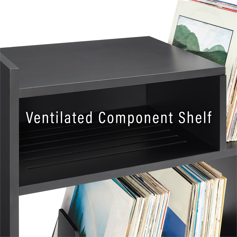 Pemberly Row MDF Wood Turntable Stand with Record Storage in Black