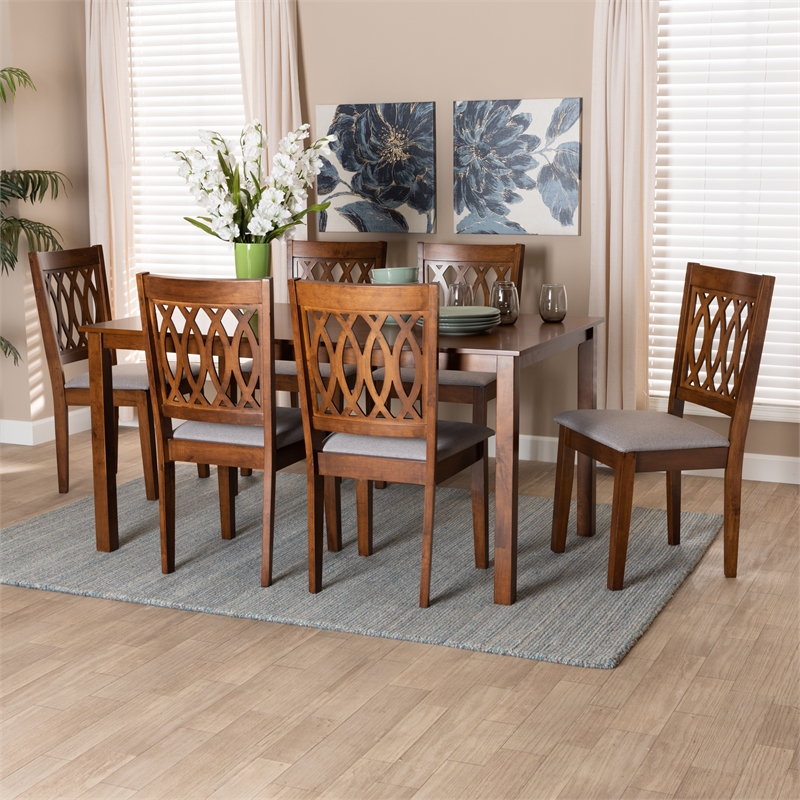 Pemberly Row Florencia Grey Fabric and Walnut Brown Wood 7-Piece Dining Set