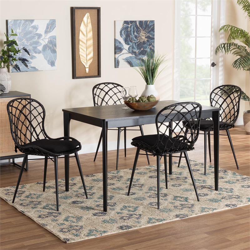 Pemberly Row Black and Brown Rattan 5-Piece Dining Set with Cushioned Chairs