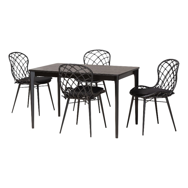 Pemberly Row Black and Brown Rattan 5-Piece Dining Set with Cushioned Chairs