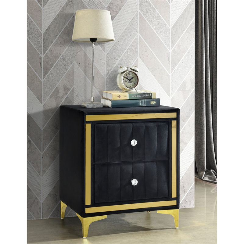 Pemberly Row Velvet Nightstand with Gold Legs in Black