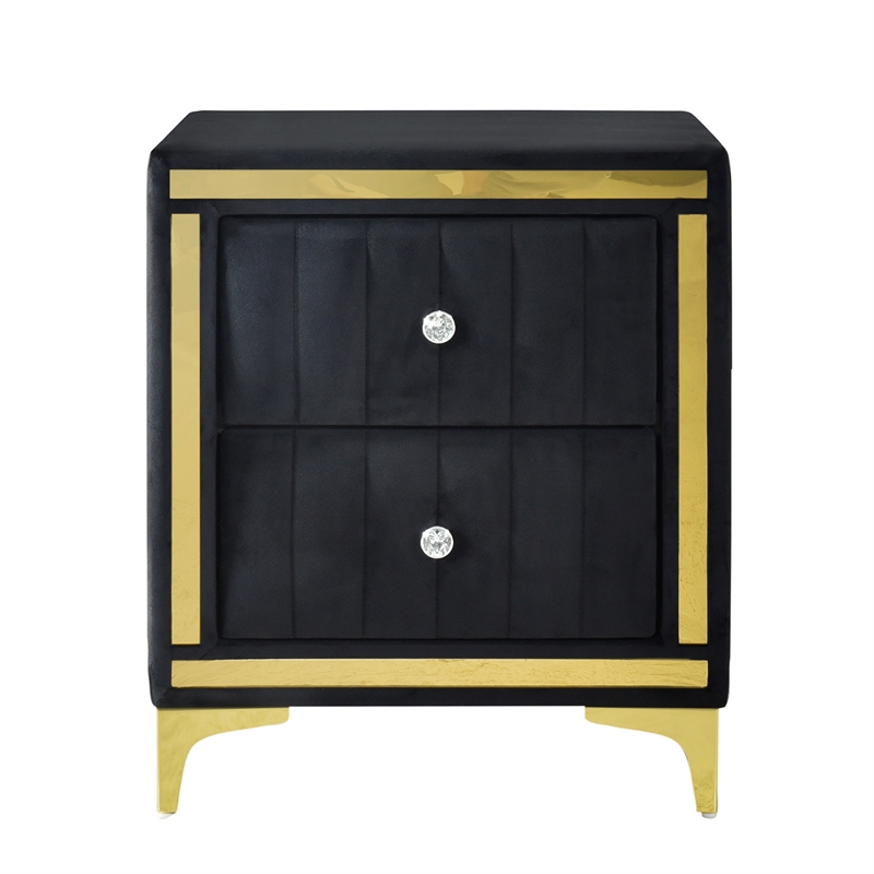 Pemberly Row Velvet Nightstand with Gold Legs in Black