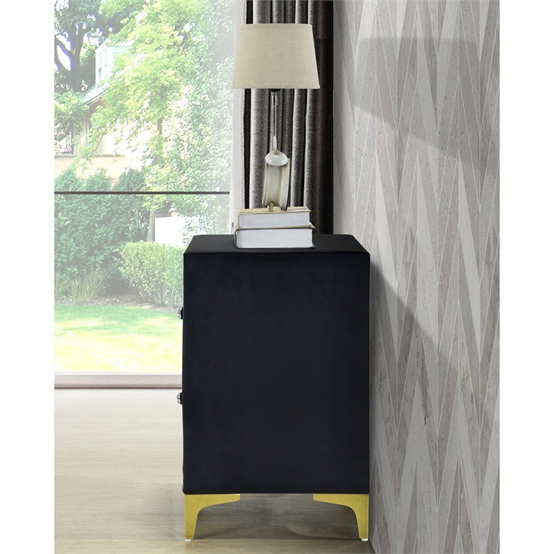 Pemberly Row Velvet Nightstand with Gold Legs in Black