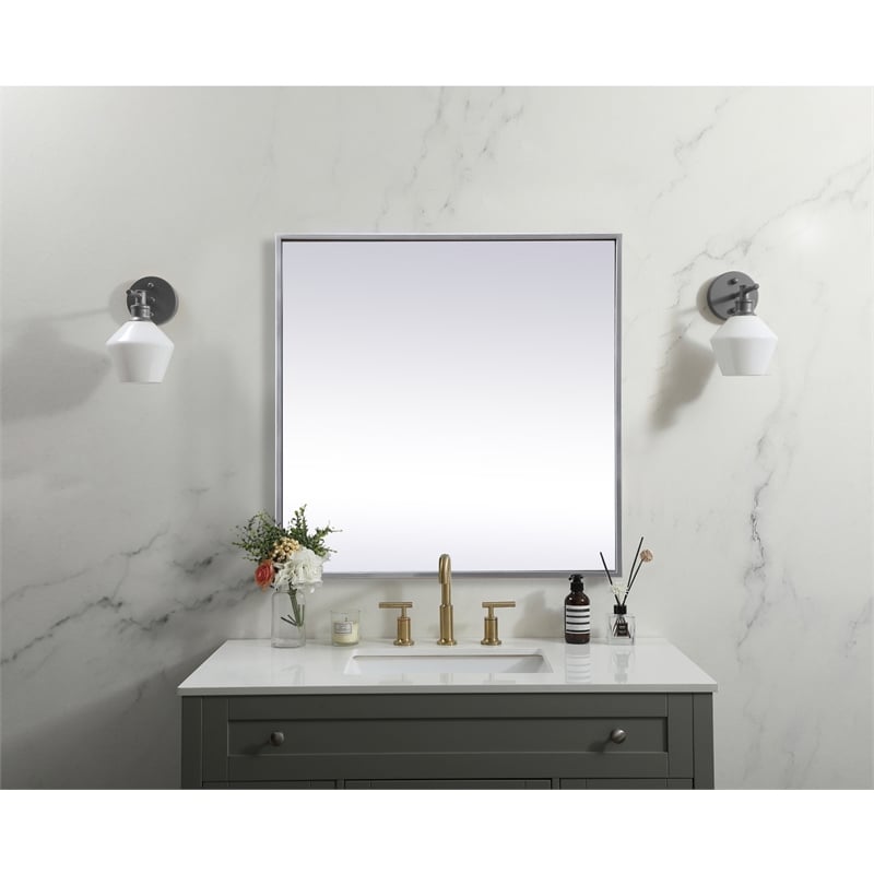 Pemberly Row Square Metal/Wood Vanity Mirror with Sleek Metal Frame in Silver