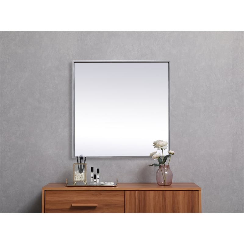 Pemberly Row Square Metal/Wood Vanity Mirror with Sleek Metal Frame in Silver
