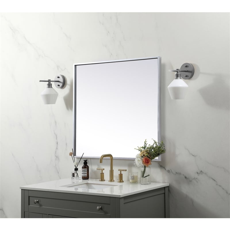 Pemberly Row Square Metal/Wood Vanity Mirror with Sleek Metal Frame in Silver