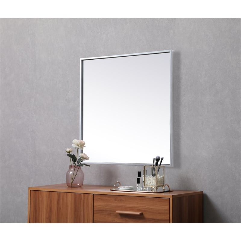 Pemberly Row Square Metal/Wood Vanity Mirror with Sleek Metal Frame in Silver