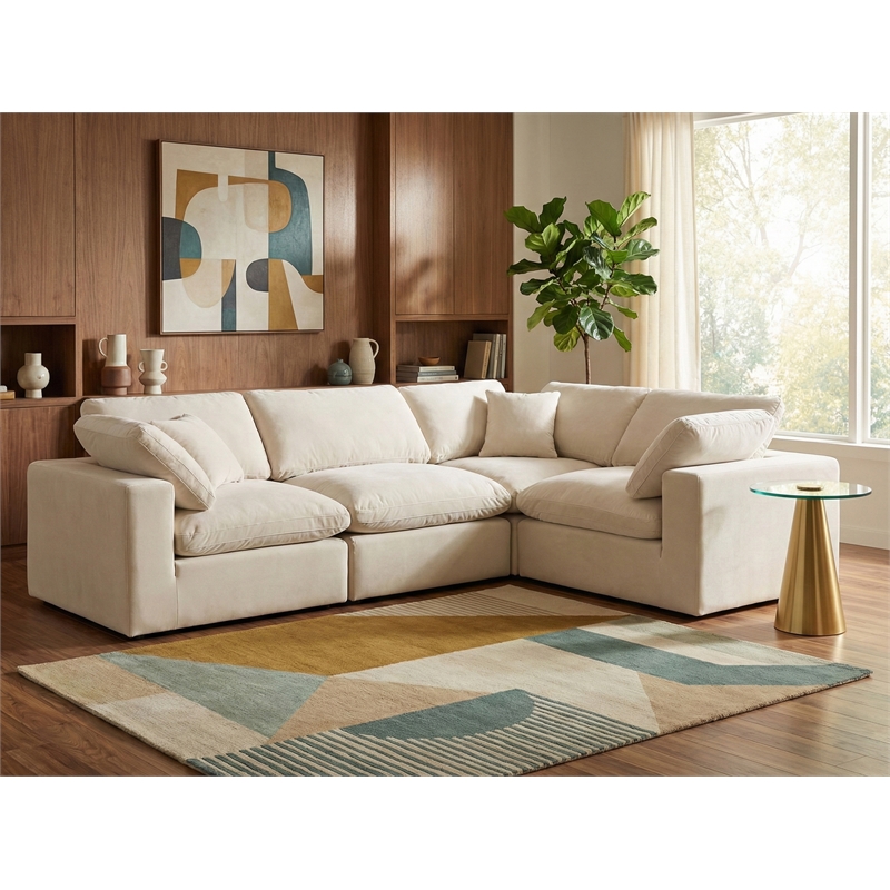 Pemberly Row Modular Cream Velvet 4-Piece Sectional with Down Cushions