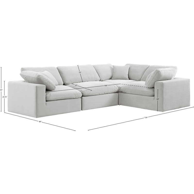 Pemberly Row Modular Cream Velvet 4-Piece Sectional with Down Cushions