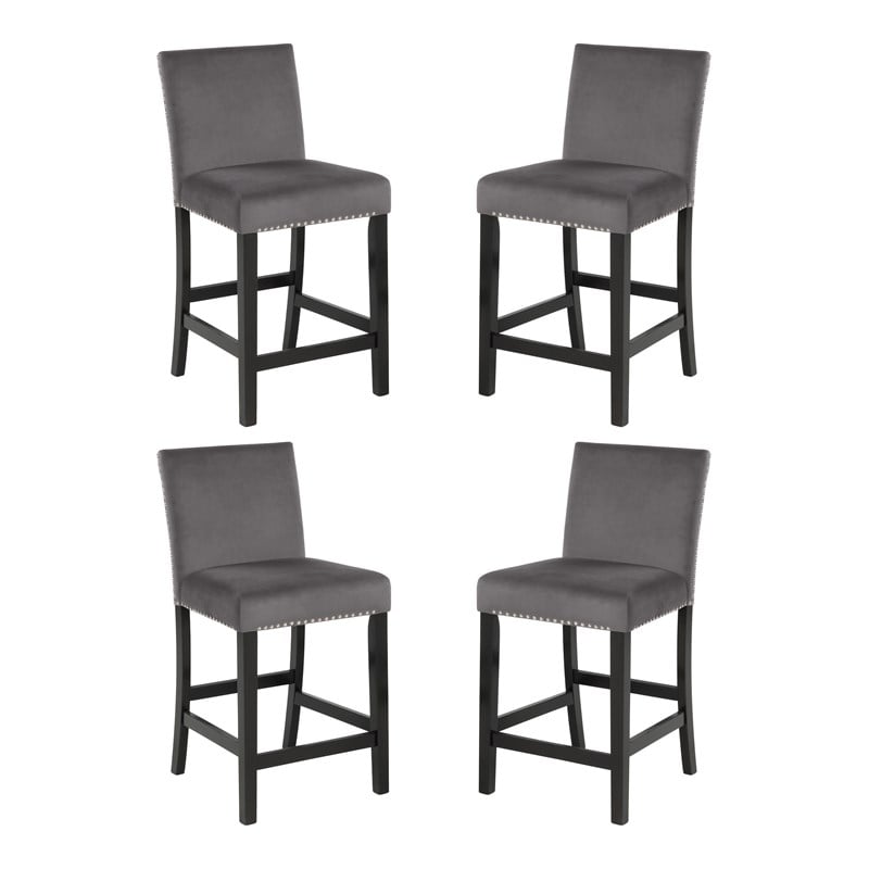 Pemberly Row Solid Wood Counter Chairs with Velvet Fabric in Gray (Set of 4)