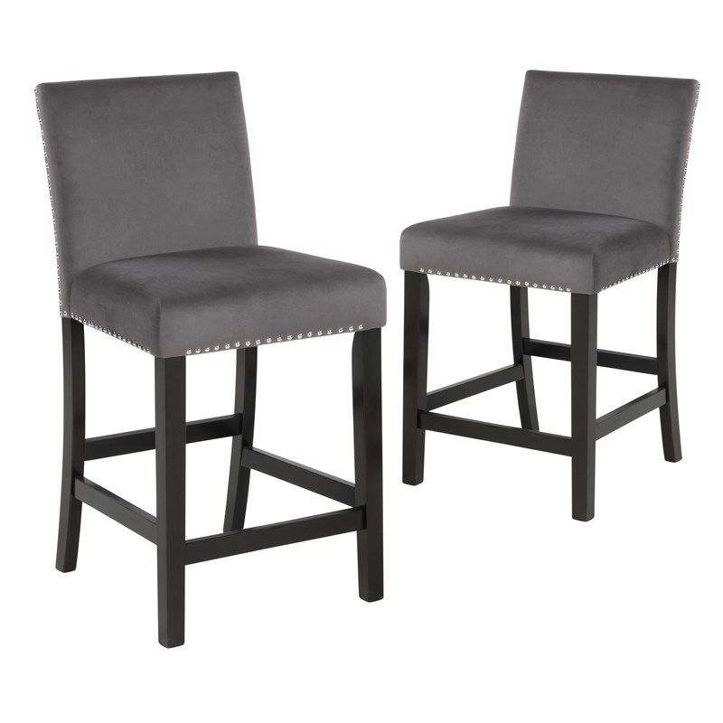 Pemberly Row Solid Wood Counter Chairs with Velvet Fabric in Gray (Set of 4)