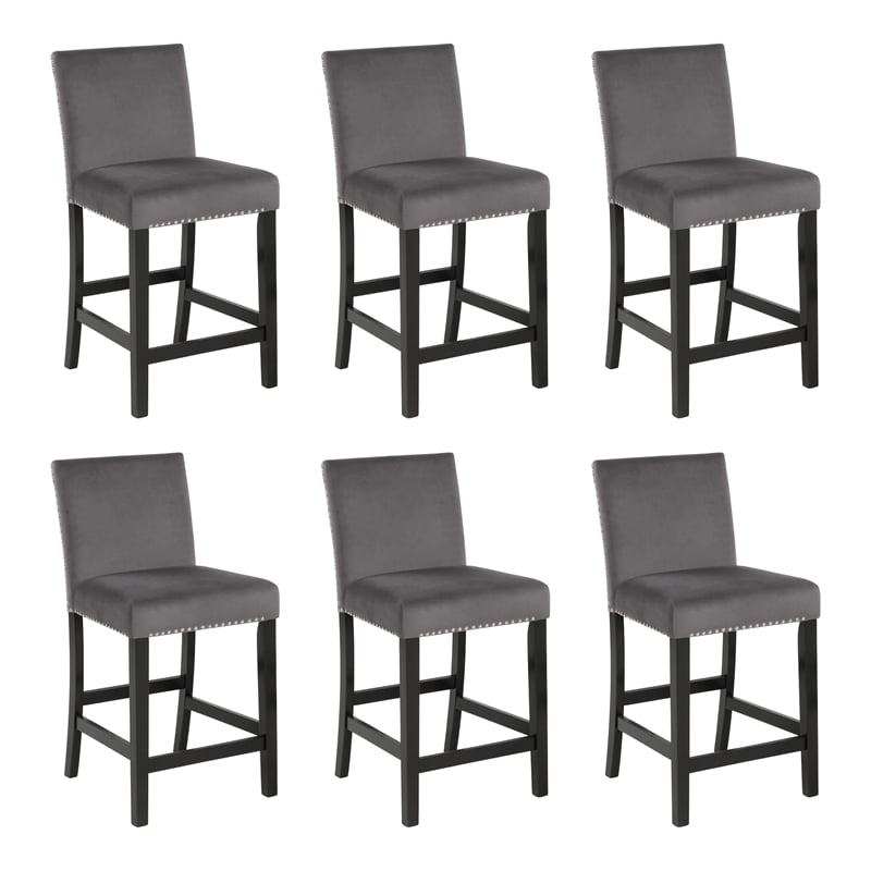 Pemberly Row Solid Rubber Wood Counter Chairs in Gray Set of 6