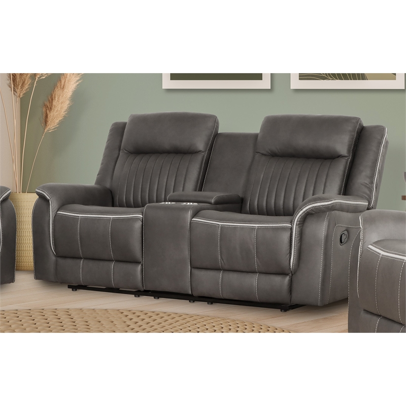 Pemberly Row Loveseat Recliner with Gray Polyester Upholstery and Console