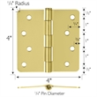 Pemberly Row Steel Door Hinge 4-Inch Satin Brass 1/4-Inch Radius 10-Pack