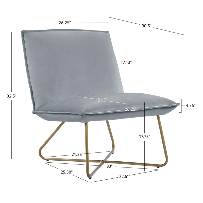 Pemberly Row Gray Velvet Accent Chair with Gold Metal Legs
