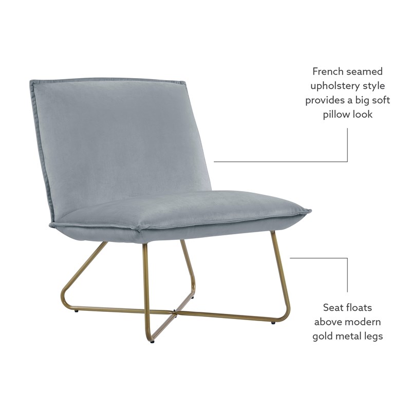 Pemberly Row Gray Velvet Accent Chair with Gold Metal Legs