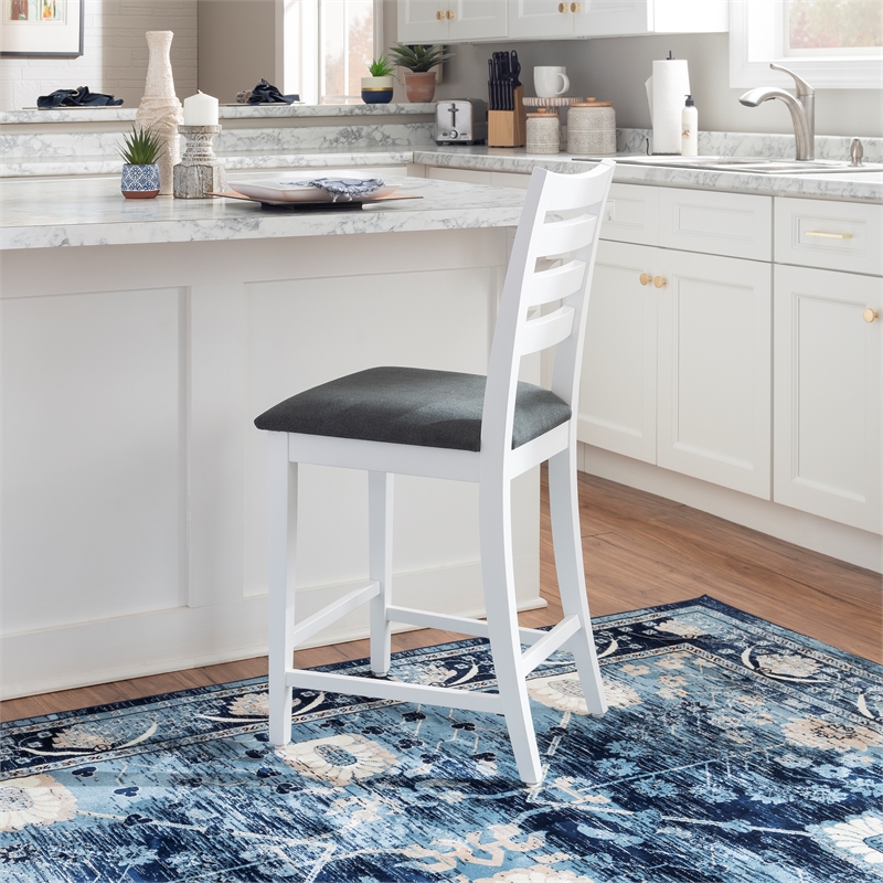 Pemberly Row Set of 2 White Beechwood Counter Stools with Upholstered Seats