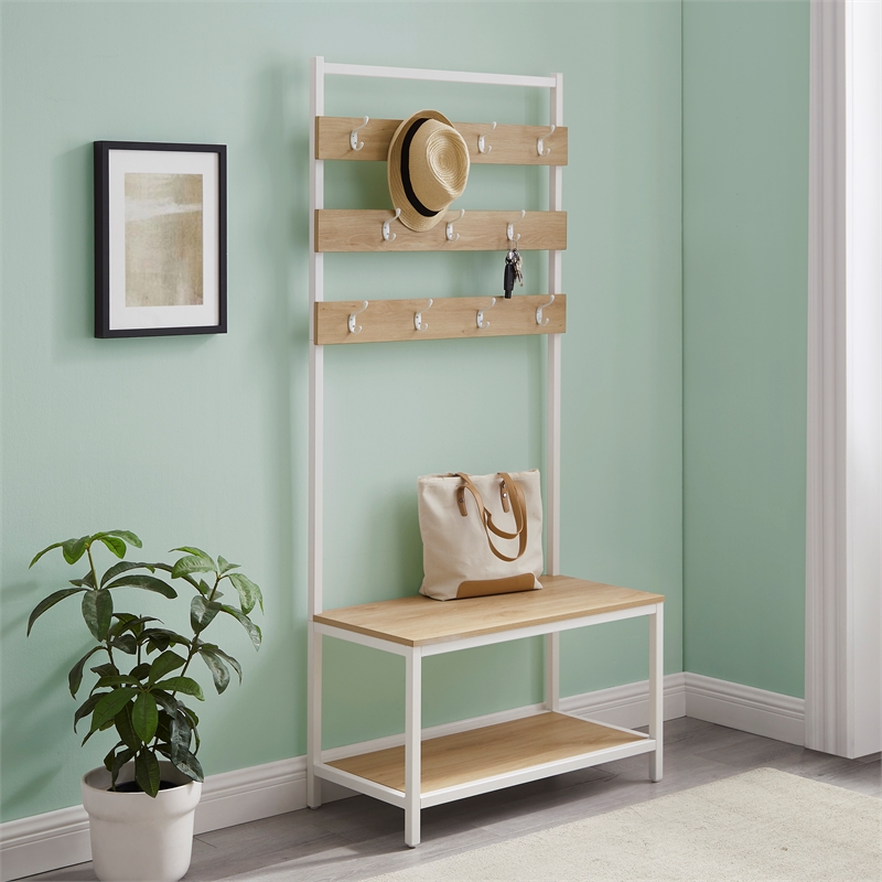 Pemberly Row White Metal Hall Tree with 11 Hooks and 2 Shelves