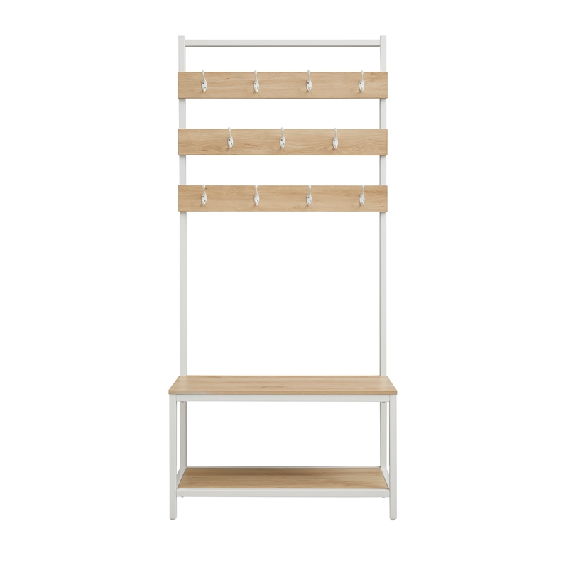 Pemberly Row White Metal Hall Tree with 11 Hooks and 2 Shelves