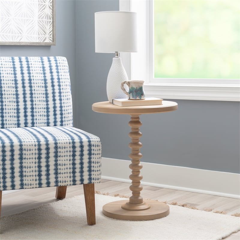 Pemberly Row Round Spindle Side Table in Natural Finished Rubberwood