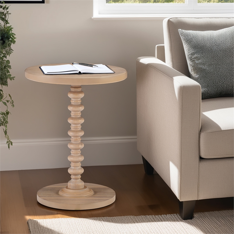 Pemberly Row Round Spindle Side Table in Natural Finished Rubberwood