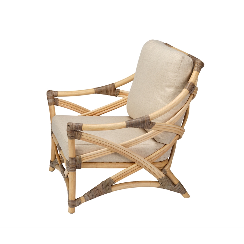 Pemberly Row Transitional Rattan & Fabric Lounge Chair in Natural/Gray