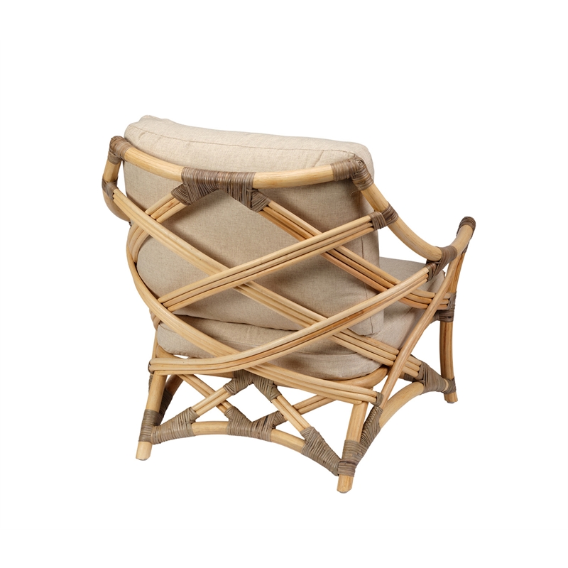 Pemberly Row Transitional Rattan & Fabric Lounge Chair in Natural/Gray