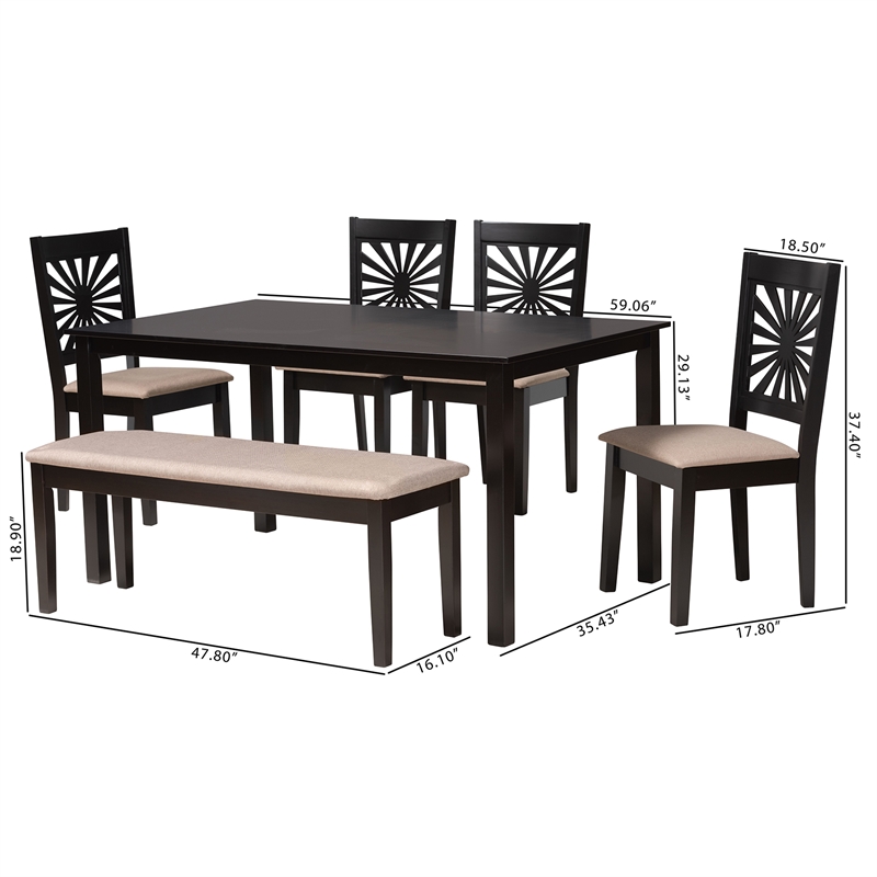 Pemberly Row Olympia 6-Piece Wood Dining Set in Beige and Espresso Brown