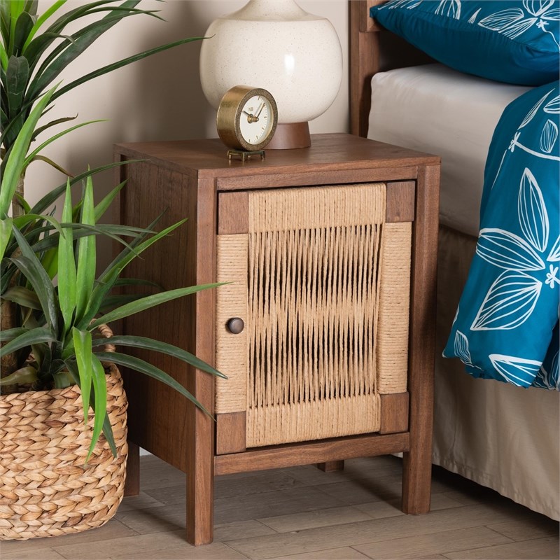 Pemberly Row Walnut Brown Bayur Wood Nightstand with Rope Webbing