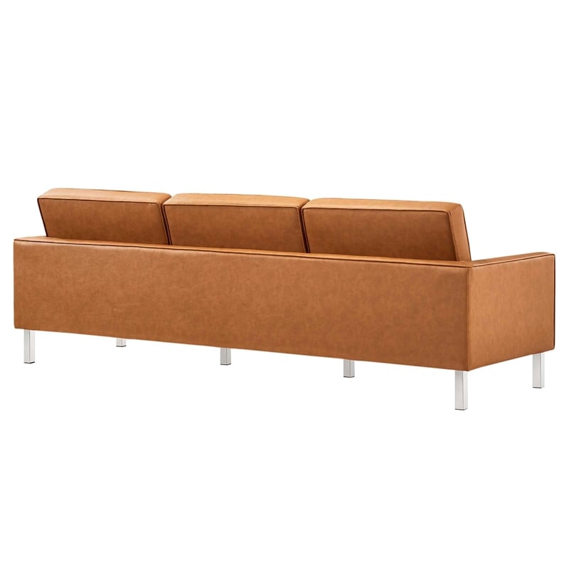 Pemberly Row Tufted Vegan Leather Sofa and Ottoman Set in Silver Tan