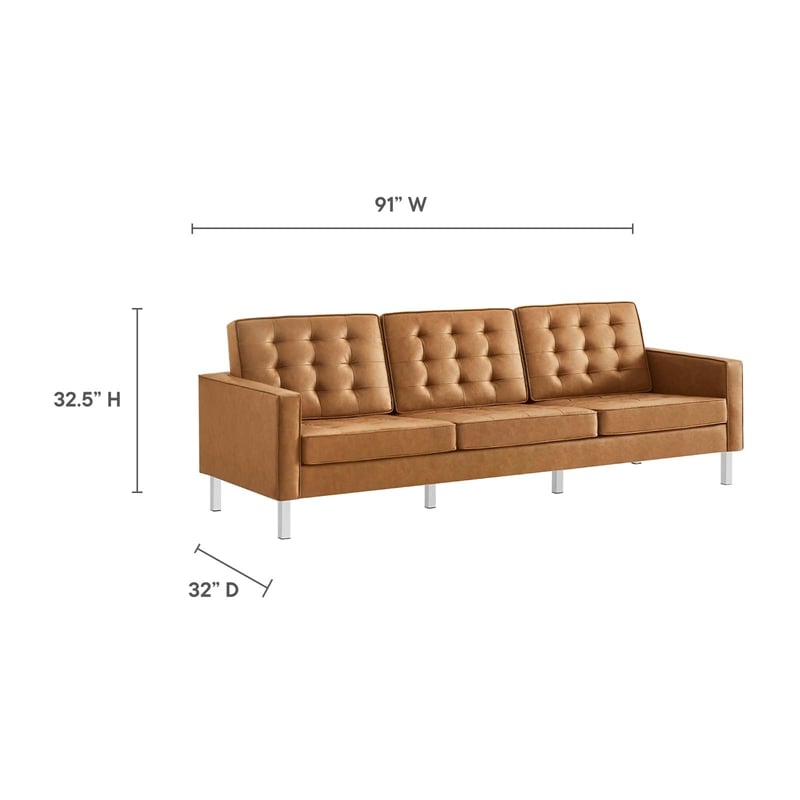 Pemberly Row Tufted Vegan Leather Sofa and Ottoman Set in Silver Tan