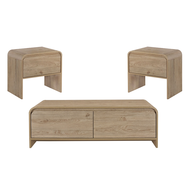 Pemberly Row 3-Piece Cocktail Table and End Tables in Natural Wood Finish