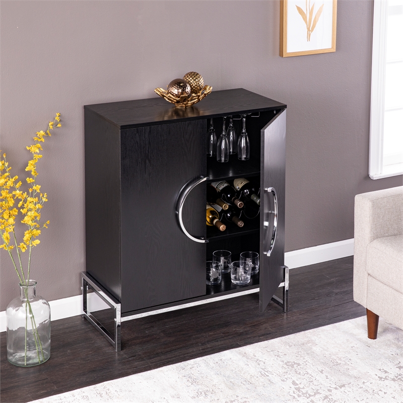 Pemberly Row Engineered Wood and Iron Black Wine Cabinet