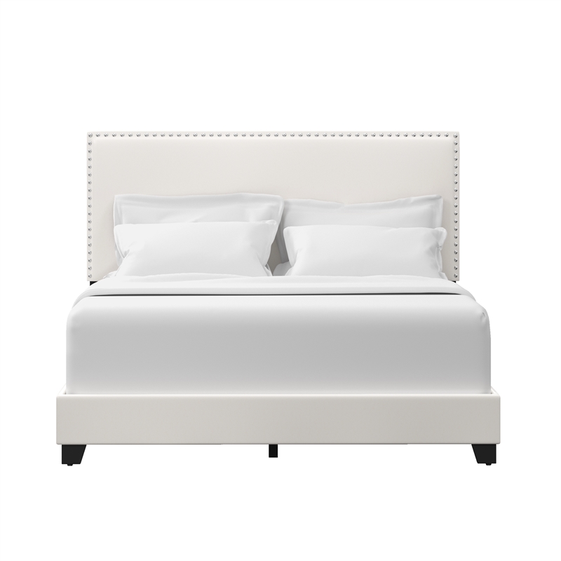 Pemberly Row Full Upholstered Bed in White Faux Leather with Nail Head Trim