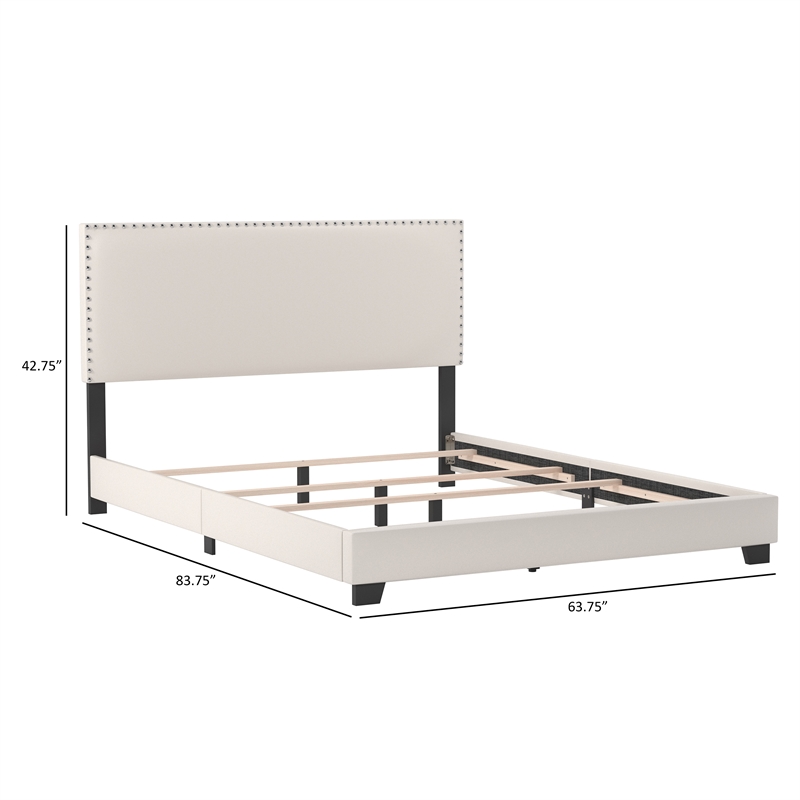 Pemberly Row White Faux Leather Queen Bed with Nail Head Trim