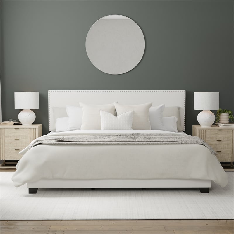 Pemberly Row White Faux Leather Queen Bed with Nail Head Trim