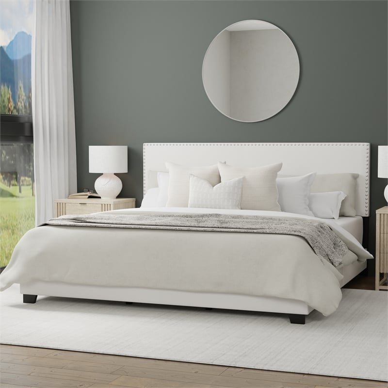 Pemberly Row White Faux Leather Queen Bed with Nail Head Trim