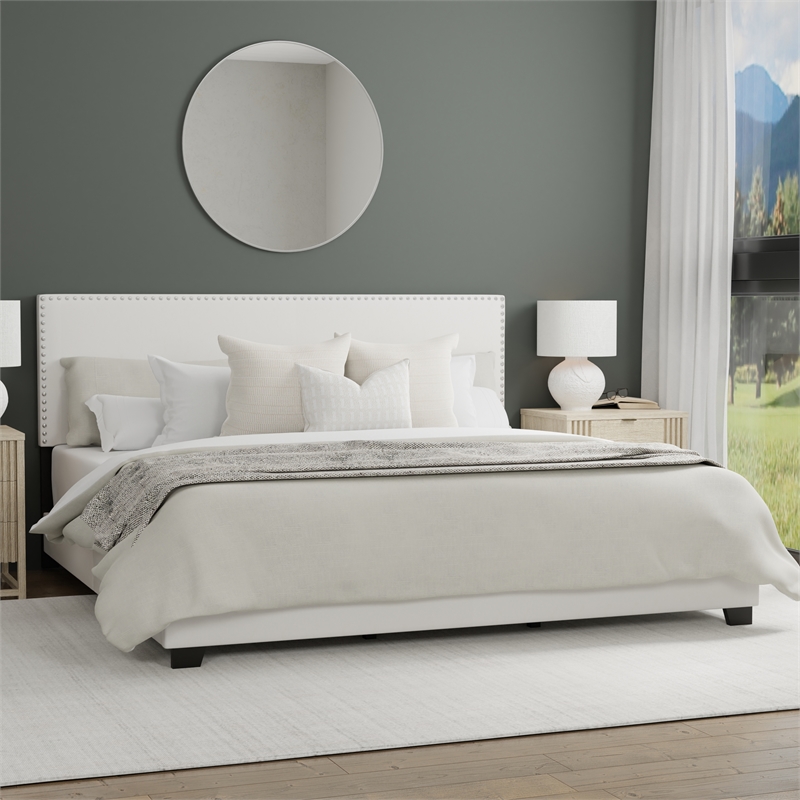 Pemberly Row White Faux Leather Queen Bed with Nail Head Trim
